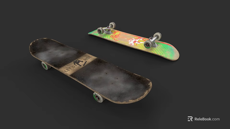 Two Skateboards One Worn And One With Colorful Graphic Design 3d model 
