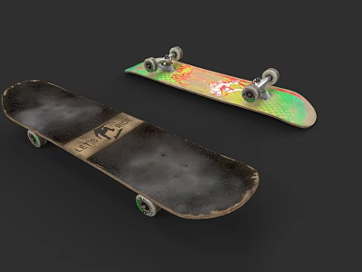 Two Skateboards One Worn And One With Colorful Graphic Design 3d model
