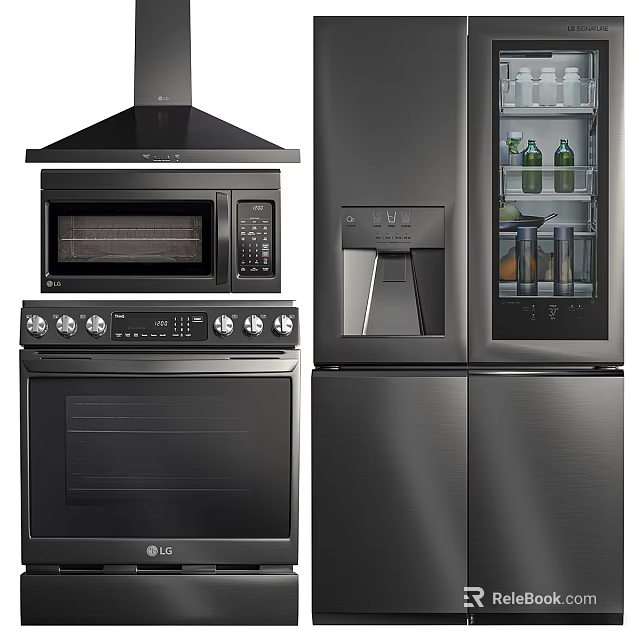LG Kitchen Appliances Collection With Stainless Steel Range Hood Microwave Oven And Refrigerator 3d model 