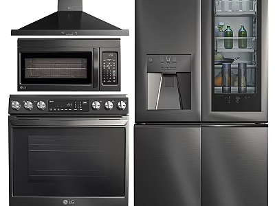 LG Kitchen Appliances Collection With Stainless Steel Range Hood Microwave Oven And Refrigerator 3d model