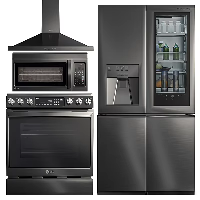 LG Kitchen Appliances Collection With Stainless Steel Range Hood Microwave Oven And Refrigerator 3d model