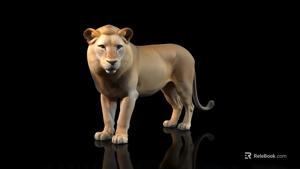 Detailed Realistic Full Body Standing Lion On Black Background With Reflection 3d model 