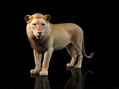 Detailed Realistic Full Body Standing Lion On Black Background With Reflection 3d model