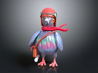 Cartoon Flying Bird Wearing Red Helmet Red Scarf Brown Backpack Purple Green Feathers Orange Claws 3d model