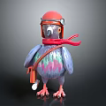Cartoon Flying Bird Wearing Red Helmet Red Scarf Brown Backpack Purple Green Feathers Orange Claws