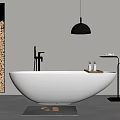 Modern Freestanding White Bathtub with Wooden Decorative Wall Hanging Pendant Light Towel Rack Toiletries and Slippers