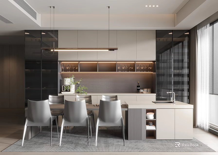 Modern Open Restaurant Kitchen Interior With Dining Table Chairs Cabinets And Hanging Lights 3d model 