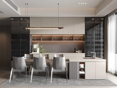 Modern Open Restaurant Kitchen Interior With Dining Table Chairs Cabinets And Hanging Lights 3d model