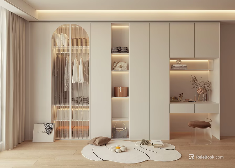 Modern Sleek Wardrobe Interior Design With Storage Compartments Hanging Rods And LED Lighting 3d model 
