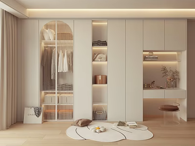 Modern Sleek Wardrobe Interior Design With Storage Compartments Hanging Rods And LED Lighting 3d model