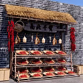 Traditional Dried Goods Stall With Thatched Roof Brick Wall Hanging Items And Bamboo Baskets
