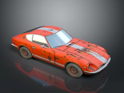 Red Rusty Vintage Sports Car With Weathered Body And Silver Stripes 3d model