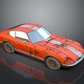 Red Rusty Vintage Sports Car With Weathered Body And Silver Stripes