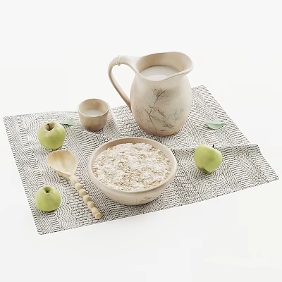 Bowl of Oats with Green Apples Wooden Spoon and Milk Pitcher on Woven Mat 3d model