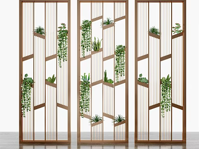Geometric Wooden Frame Room Divider With Multiple Plant Shelves And Green Hanging Plants 3d model
