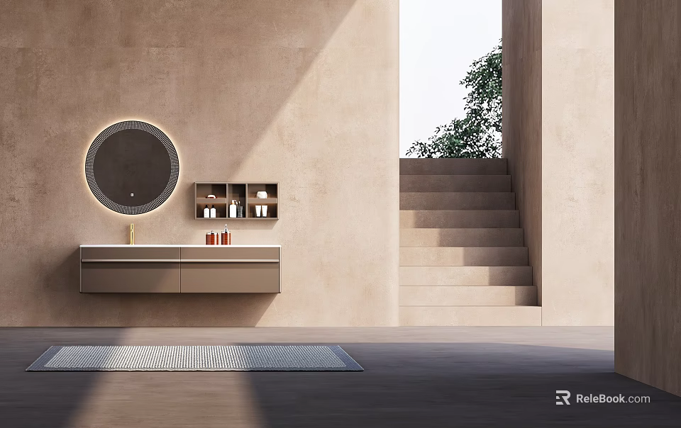 Modern Wall-mounted Bathroom Cabinet With Round Mirror Beige Wall And Floor Rug 3d model 