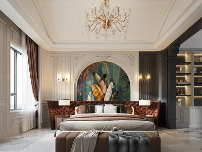 Elegant Light Luxury Bedroom Interior with Tufted Velvet Headboard Marble Nightstands and Crystal Chandelier 3d model