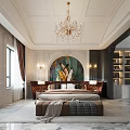 Elegant Light Luxury Bedroom Interior with Tufted Velvet Headboard Marble Nightstands and Crystal Chandelier