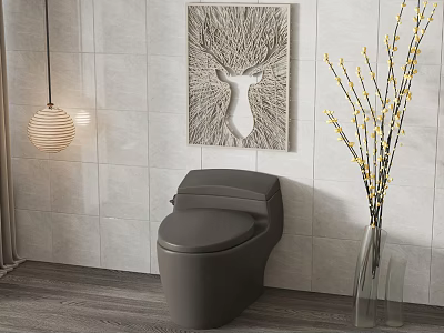 Gray Modern Toilet In Bathroom With Light Tile Wall Deer Head Decor And Vase 3d model