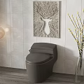 Gray Modern Toilet In Bathroom With Light Tile Wall Deer Head Decor And Vase