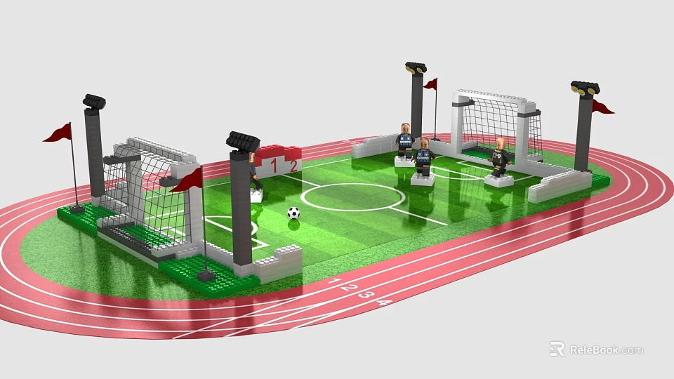 Building Blocks Soccer Field Model With Red Running Track Green Lawn And Mini Figures 3d model 