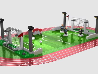 Building Blocks Soccer Field Model With Red Running Track Green Lawn And Mini Figures 3d model