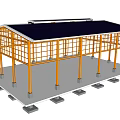 Steel Shed Structure with Dark Blue Roof Gray Walls Orange Support Columns and Concrete Base Foundation