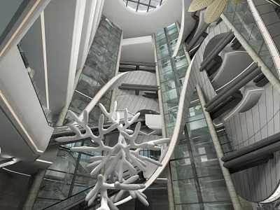 Modern Hotel Lobby Design Featuring Spacious High Ceiling Glass Structures And Decorative Sculpture 3d model