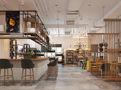 Dessert Shop Modern Interior Design With Bar Counter Stools Wooden Shelves Chandelier And Plants 3d model