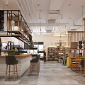 Dessert Shop Modern Interior Design With Bar Counter Stools Wooden Shelves Chandelier And Plants