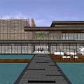 Elegant Modern Sales Office Building With Glass Curtain Wall Wooden Structure Swimming Pool And Greenery 3d model