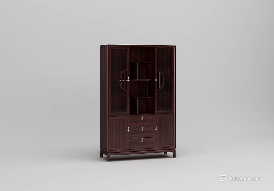 Classic Dark Wood Wine Cabinet With Glass Doors Drawers And Metal Handles 3d model 