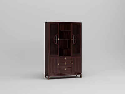Classic Dark Wood Wine Cabinet With Glass Doors Drawers And Metal Handles 3d model