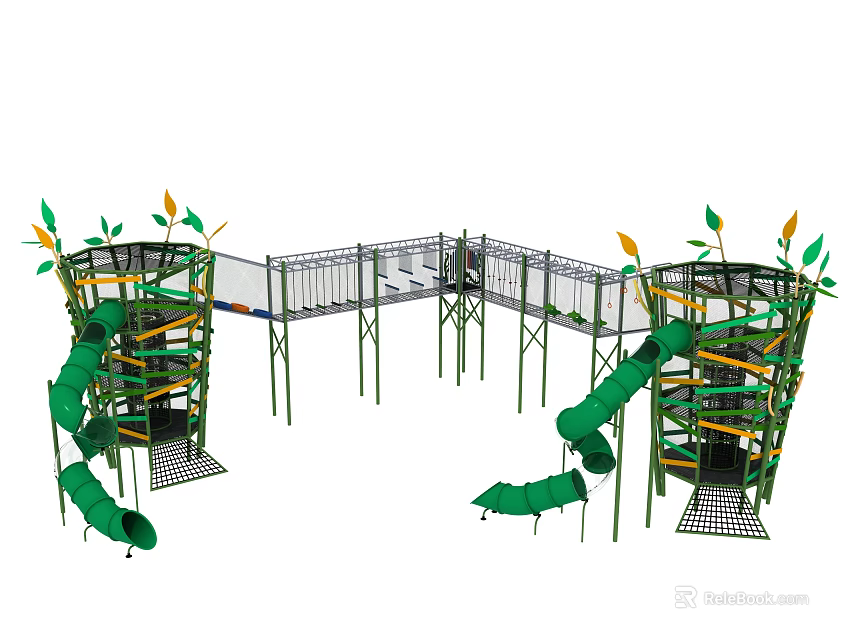Outdoor Kids Playground Structure With Green Slides Climbing Frames And Leaf Decorations 3d model