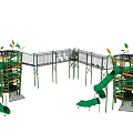 Outdoor Kids Playground Structure With Green Slides Climbing Frames And Leaf Decorations 3d model