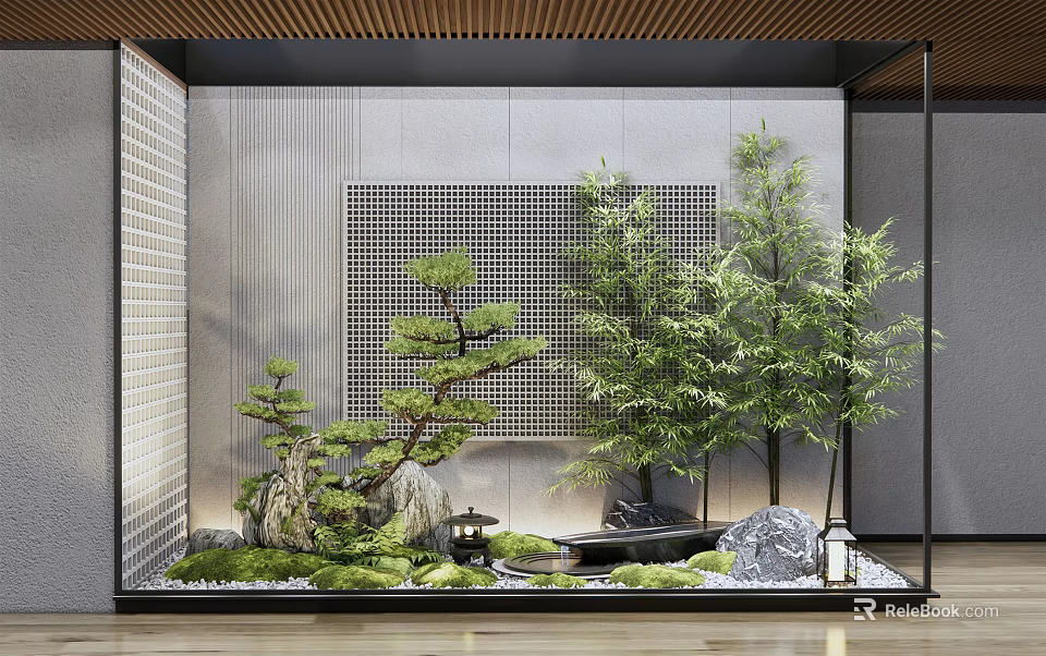 Zen Modern Courtyard Garden With Pine Trees Bamboo Rocks Moss And Lantern 3d model 