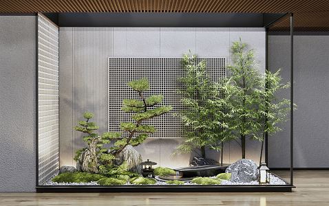 New Chinese style landscape sketch courtyard landscape sketch stone rockery fern water bowl water drop sketch pine bryophytes bamboo 3d model