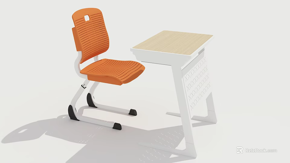 Modern Orange Mesh Chair And Light Wooden Desk Set With White Frame Storage Shelf 3d model 