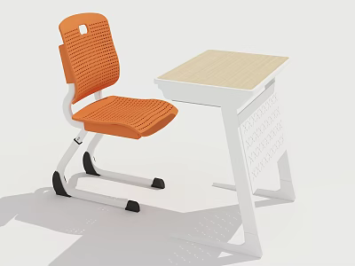 Modern Orange Mesh Chair And Light Wooden Desk Set With White Frame Storage Shelf 3d model