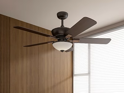 Black Ceiling Fan With White Light Fixture In Indoor Room Wooden Wall And Window Blinds 3d model