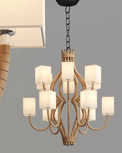 Decorative Rattan Chandelier With Multiple White Lampshades For Interior Design 3d model