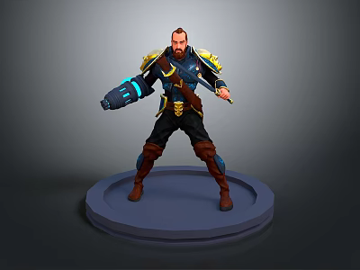 3D Game Movie Character Male Warrior With Mechanical Arm Golden Accent Armor And Weapon Standing Pose 3d model