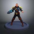 3D Game Movie Character Male Warrior With Mechanical Arm Golden Accent Armor And Weapon Standing Pose