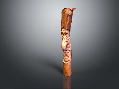 Handcrafted Wooden Carving With Human Face Design Red Ornament On Top And Smooth Surface 3d model