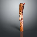 Handcrafted Wooden Carving With Human Face Design Red Ornament On Top And Smooth Surface