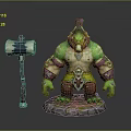 Muscular Green Skinned Fantasy Game Character With Hammer Weapon And Stone Base
