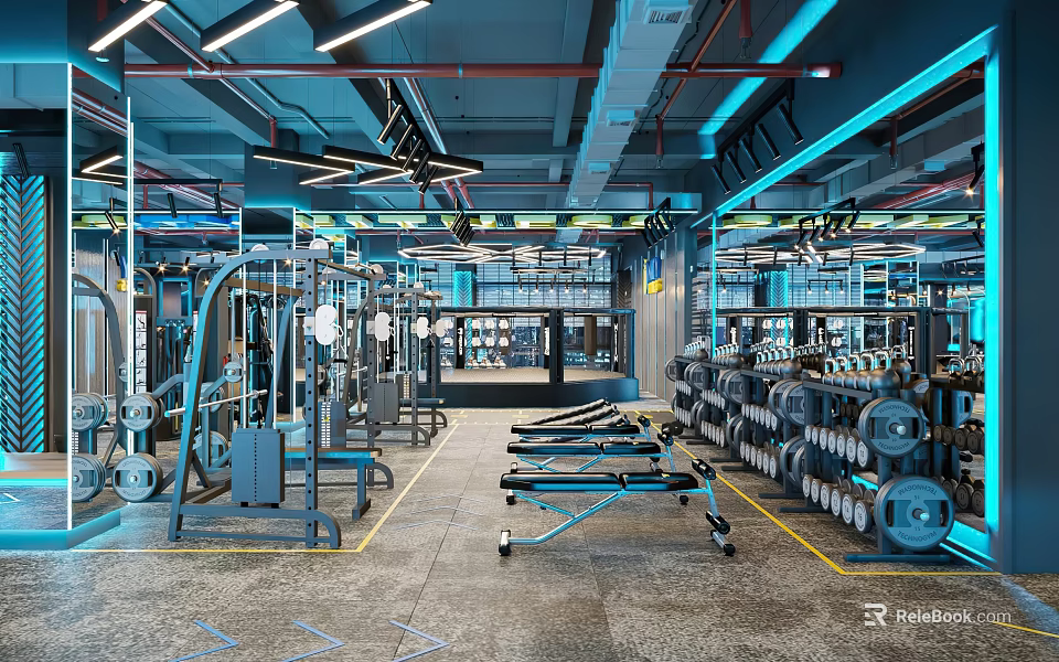 Modern Gym Interior With Various Fitness Equipment 3d model 