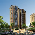 Modern High Rise Residential Buildings With Lush Greenery And Water Features In Courtyard