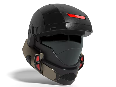 Modern Black Futuristic Helmet with Red Accents Tinted Visor and Side Gear Components 3d model