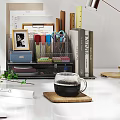 Modern Workspace Setup With Office Supplies Green Plant Coffee Cup And Wall Decor